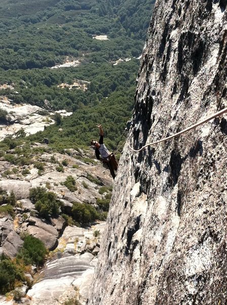 the Route is Ladies on Top. 5.8 trad. 4 pitches. Sean on the 3rd pitch hanging gear belay, just before the traverse pitch that leads to the east face route. Moro Rock.