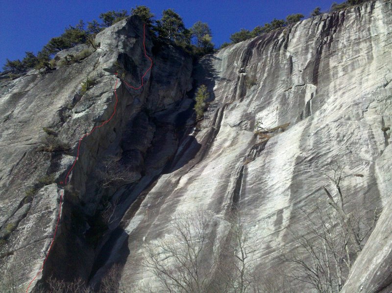 The upper 3/4 of the route, just above where the first pitch traverses in.