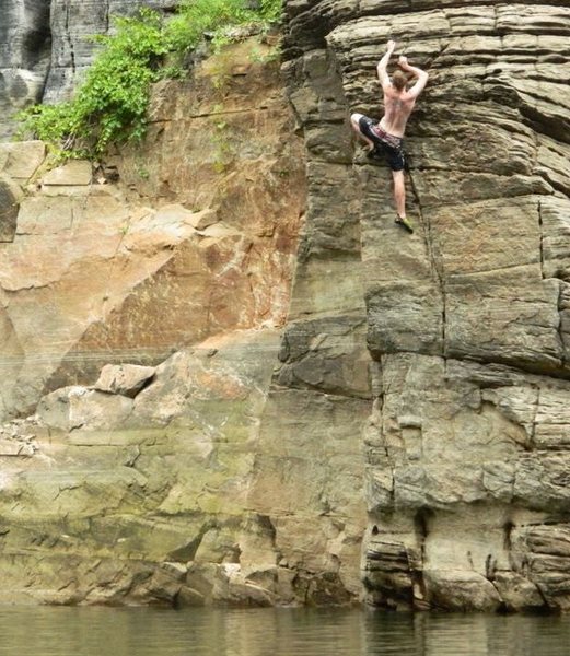 Kevin on the first ascent of Cats Craw.