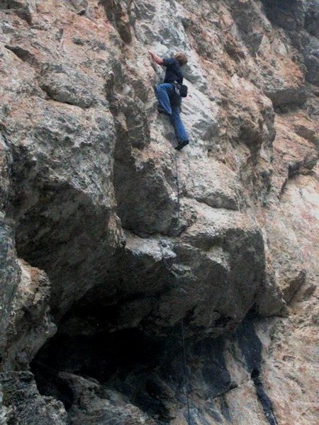 Continuing up after pulling the roof on Langeweile (7a-ish).