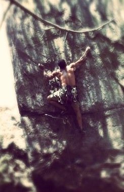 Middle Finger Backside<br>
<br>
Prick-A-Digi Ow! (5.11b/c) trad<br>
<br>
Crowders Mountain State Park, North Carolina