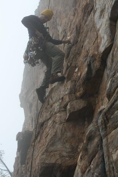 Davids Castle Wall<br>
<br>
Golden Overhang (5.10)<br>
<br>
Crowders Mountain State Park, North Carolina