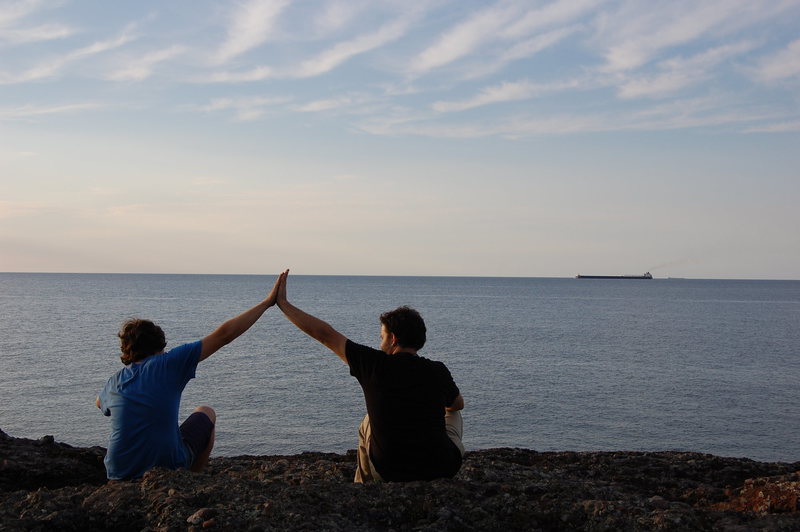 This is why climbing in the UP is awesome. Freighters at sunset at Horseshoe Harbor, tip of the Keeweenaw, on a trip to Cliff Dr.
