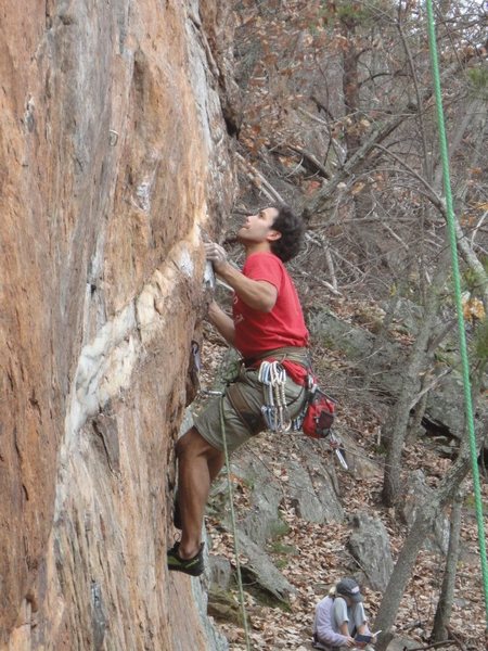 Red Wall<br>
<br>
Fashion Direct(5.12c) sport (pre-clipped)<br>
<br>
Crowders Mountain State Park, North Carolina