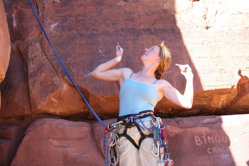 The anchors are that way! Anna B's first send in the creek.