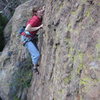 One of the wonder women of Echo Cliffs, Tara, at the crux moves of Wonder Woman. 