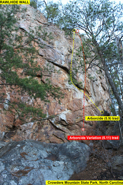 RAWLHIDE WALL<br>
<br>
Arborcide (5.9) trad<br>
Arborcide Variation (5.11) trad<br>
<br>
Crowders Mountain State Park, North Carolina