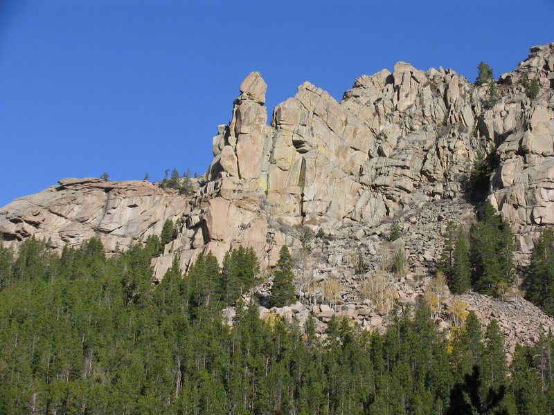 Friend Creek Pinnacle as seen from Friend Creek Falls on the Laramie Peak Trail