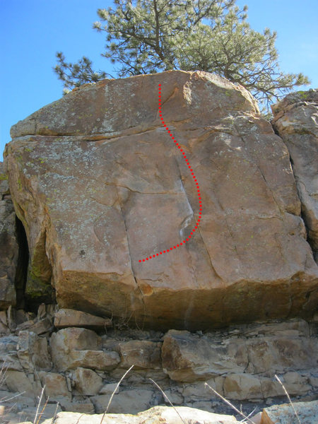 Bootie (approx. route). Start with feet on broken rocks beneath the undercut.