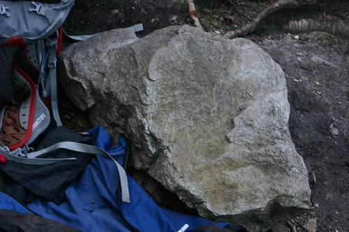 Rock that got pulled from the crows nest as part of an anchor loading mishap. Still at the base somewhere. It took the load of a lead fall first and got pulled off the ledge (simplified version of the story).