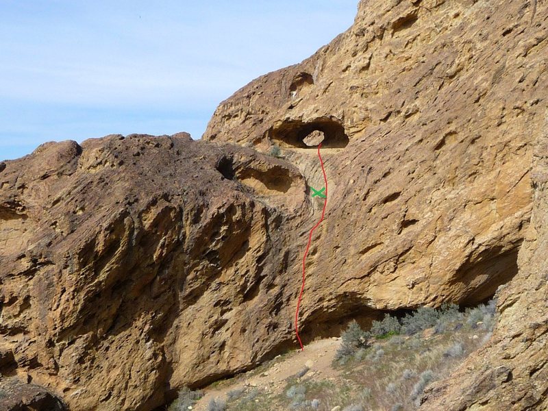 Red is pitch #1 route to The Cave...The green "X" is where I remember the anchors were at the top of pitch #1