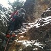 Frank Robertson in route to building the first anchour on Attractive Hazard. Early December 2011. This anchour is now a three bolt chain with stance and no longer directly in the gully as before. 