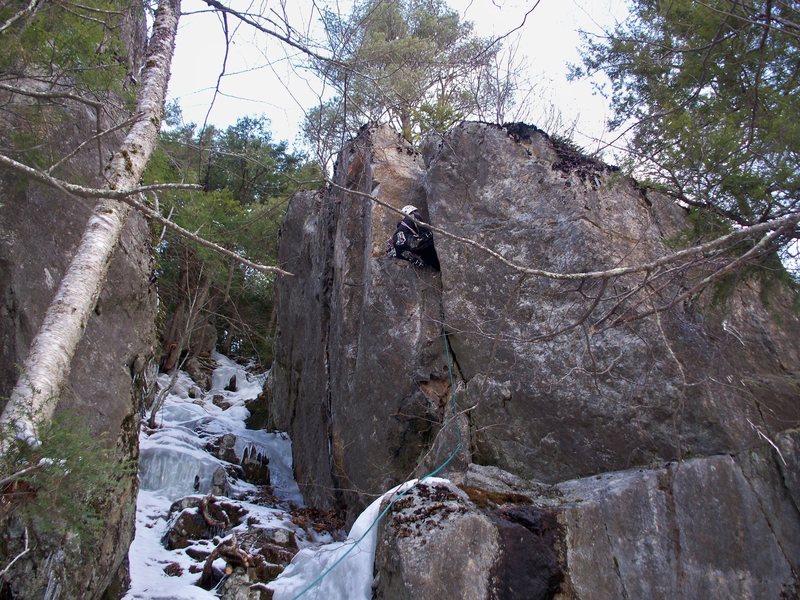 Pic from the first ascent. Short but pumpy and powerfull rock section. Photo and patient belay by Steve Arsenault