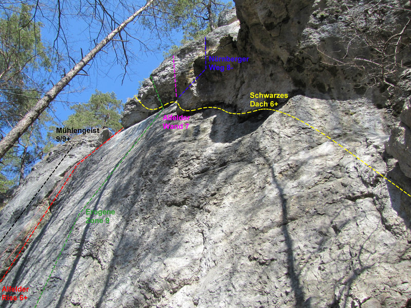 The routes available at the second area. G. Messner Ged.-Weg is to the left of the routes pictured here.