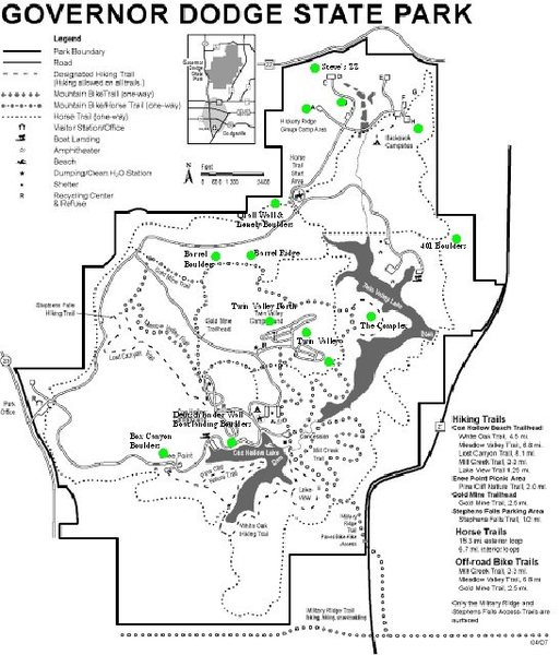 Here is an overview of the climbing areas locations at Dodge. These are just approximations and should be used as such. Hope this helps.