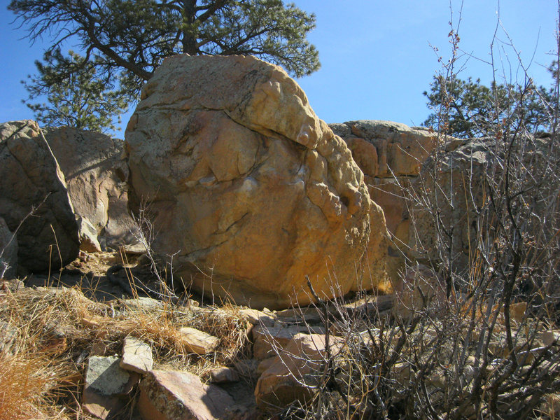Sloper Traverse boulder. Some holds chalked up.  Many variations exist, according to NCCC guide for Horsetooth Res Bouldering.