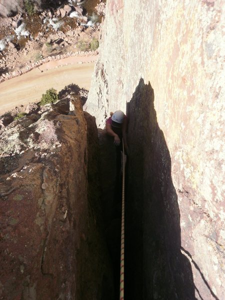Finishing up the crux of the 2nd pitch.  It's funny how one bolt can protect an entire pitch (which it does very nicely).  