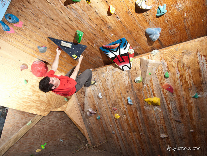 Taking a Test Drive on the new Triangle Volume. <br>
<br>
http://andylibrande.com/homeclimbingwall/2012/03/build-a-triangle-wood-volume-for-your-climbing-wall/