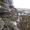 What would the crux on gully #2 have been looked like in not-so-good seasons. Dr Fangyuan Chang dry-tooling the ice-less steep rock terrain at the very same position as the 2 "white" 2005 photos on 2008 Valentine's day.  Photo kindly provided by Hsiaomo Chen, aka "k2mo" or "Laughing devil"