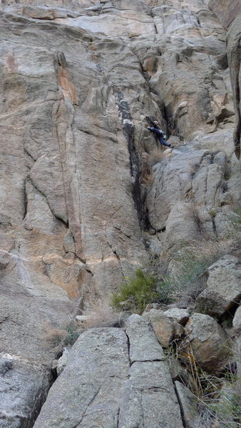 Chris at the first bolt. He will head up and left across the water streak.