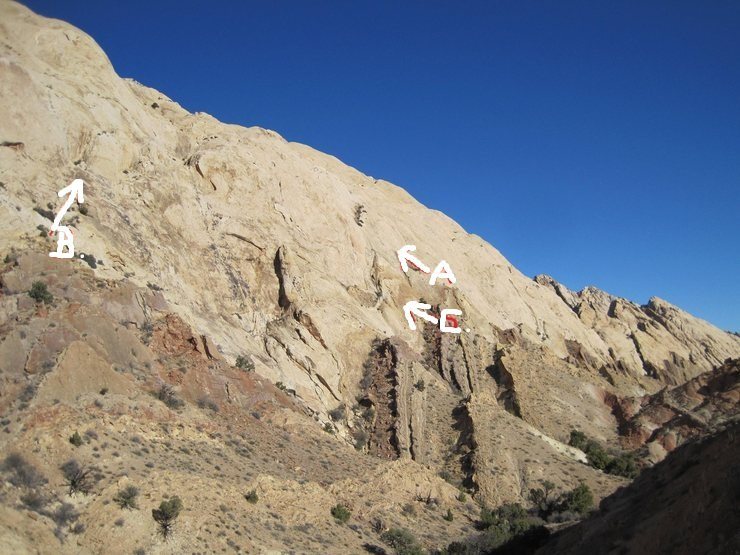 Tele photo from Two Fingers.A) Crusade.1310' 5.9 B). Rolling Stones.540' 5.9 C).Katzs Way.550' 5.10-