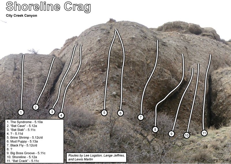 Route names in quotes are taken from rockclimbing.com and are apparently not the real names. Let me know if you have more accurate information and I'll update the topo accordingly.<br>
<br>
Route heights and ending locations are very approximate.<br>
<br>
#8 is the steepest route at the crag.