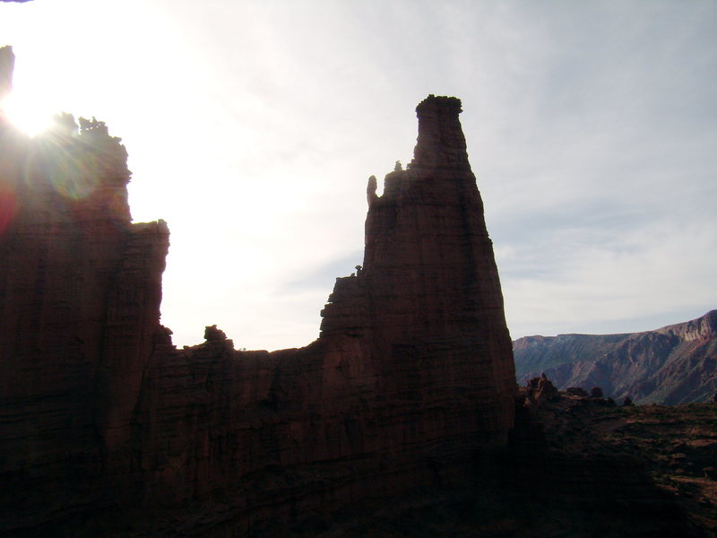 View of the Titan from saddle on West Side Story - Cottontail Tower - Fisher Towers, UT - With Bill Duncan - March 26th and 27th 2012.