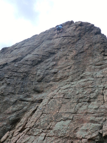 Garrett Gillest, age 6, nearing the topout on "Wanna-Be Bolter".