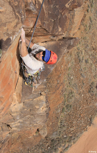 At the small ledge - the top of the 4th pitch headwall<br>
Heat Seeker (5.11-)