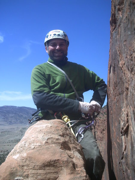 On top of the flake before face climbing pitch 3.
