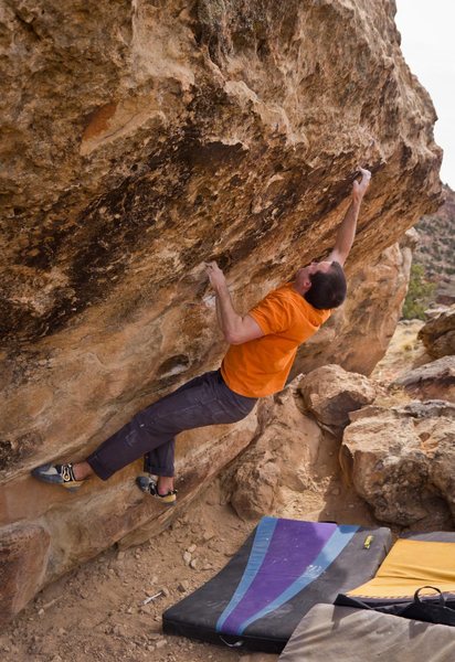 On the backside of Victoria is this fun problem. Not sure how hard it is... maybe V4?