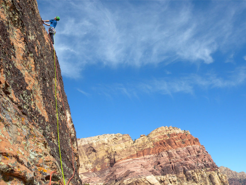 Blake leading the rope-stretching third pitch. <br>