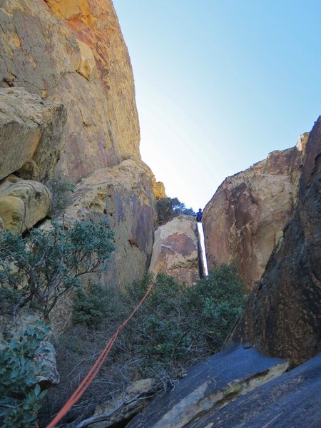 Chris bridging the chasm between CFT and Mt. Wilson. Preparing to rappel from the notch.