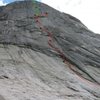 Route outline.  Lyme Line is green.  Captain Fairview is red.  First pitch of Cpt. Fairview shown is left variant.  Also 5.6
