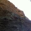 Moonshiner, light 5.9, Malibu Creek state park. Keep left of cave at crux.