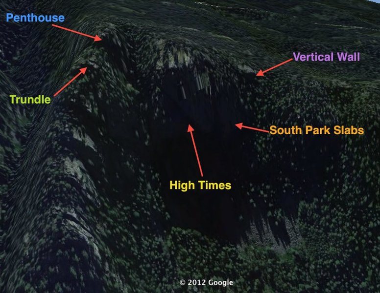Based on approach descriptions, I've found these to be the locations of the crags. Please correct me if I'm wrong!