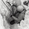 Phil Condrey climbing ice in Uptown Mt Elden- late 70s. Yes, folks, that is a Chouinard alpine hammer taped to his right arm, and his prosthetic hook snagging tool holes on his left- Phil lost both hands in a Civil War reenactment. 