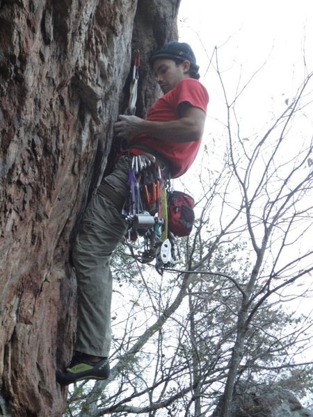 Rawlhide Wall<br>
<br>
Arborcide (5.9+) trad<br>
<br>
Crowders Mountain State Park, North Carolina