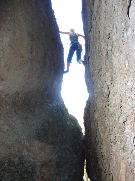 Denise stepping out of the chimney on Sinbad 5.6