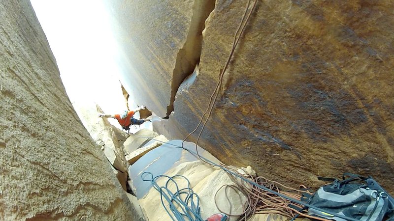 Looking down from the Shangri La belay at Pitch 1