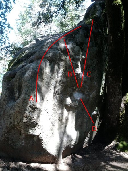 Please help me identify these problems.<br>
<br>
A - Arete - V0 ?<br>
B - Bates Problem Left - V6 ?<br>
C - Bates Problem Right (eliminating left holds) - V7 ?<br>
D - Bates Problem Sit - V10 ?