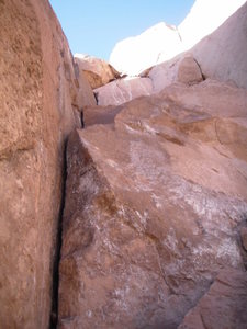 close up on one of the equipped routes; this one start wide and finishes with a beautiful finger-size roof crack