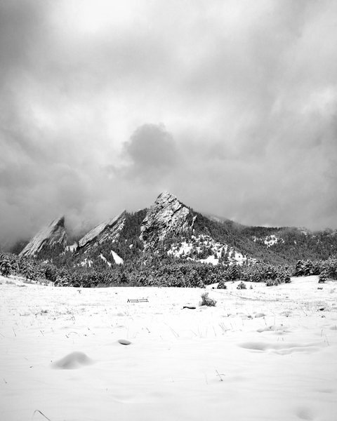 The Flatirons in an early winter storm. Perfect hiking weather!