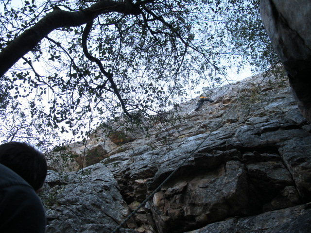 Beginning the crux on Juicifer. The right side of the picture is Holus Bolus, and Stairway and the Bulge can be seen to the left.