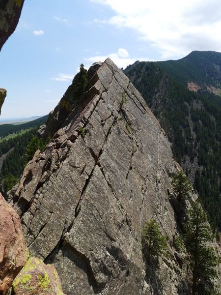 The ramp downclimb from the summit of Yellow Spur to reach the Dirty Deed rappels.