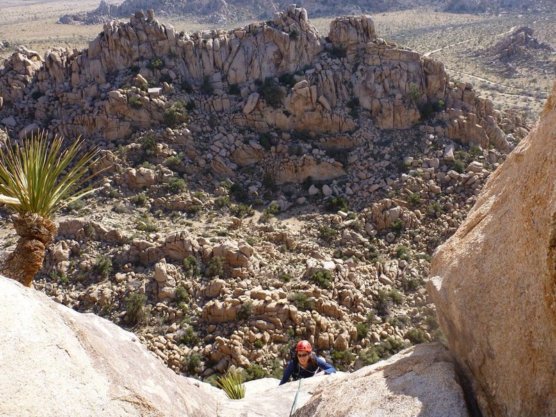 Roxi just after the crux on the 3rd pitch. Set up a belay in a notch, to keep easy communication. It's a jaunt to the top from here.
