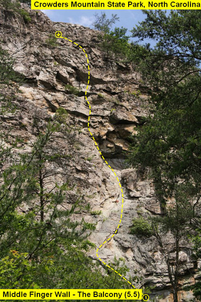 Middle Finger Wall<br>
<br>
1)The Balcony (5.5) trad<br>
<br>
Crowders Mountain State Park, North Carolina
