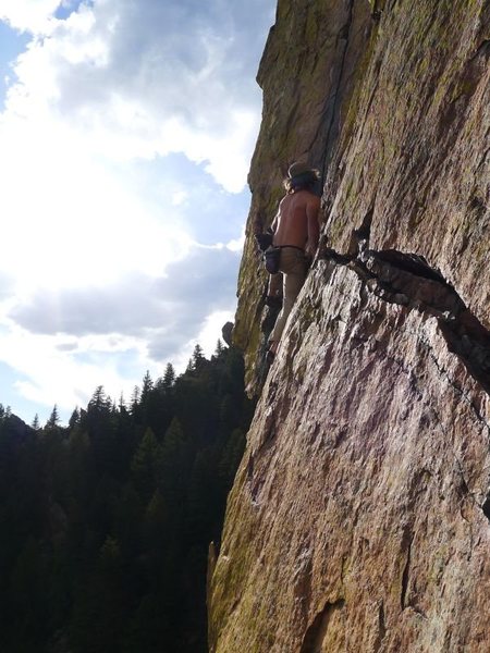Abrahm after the P4 hand traverse (even more spicy sans rope).