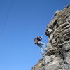 My dad, Boyd Bindrup, rapping off Drill Bit Wall, Ogden Canyon, just after we set the Anchor.