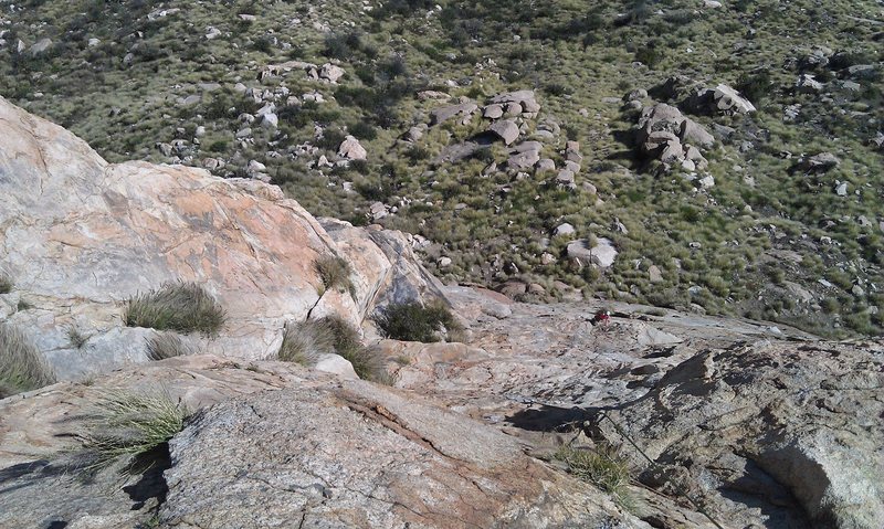 At top of pitch 2 looking down with the rope indicating the route. It is roughly 130 ft.
